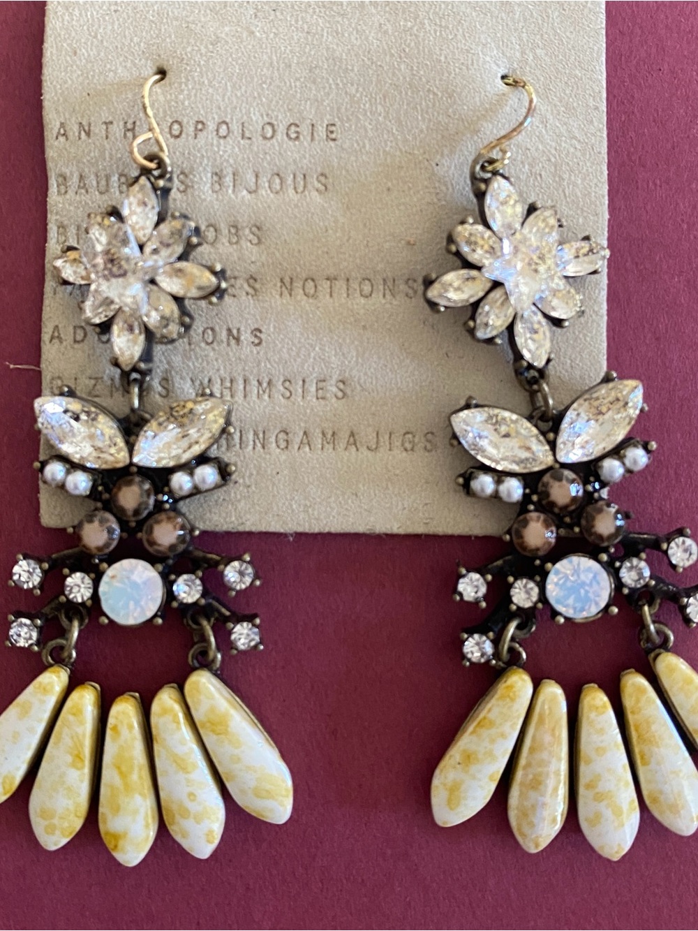 Anthropologie Yellow, Clear & Cream Floral Drop Earrings